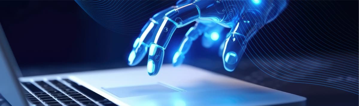 Futuristic robotic hand on a laptop representing AI’s role in revolutionizing ERP systems through Agentforce innovation.