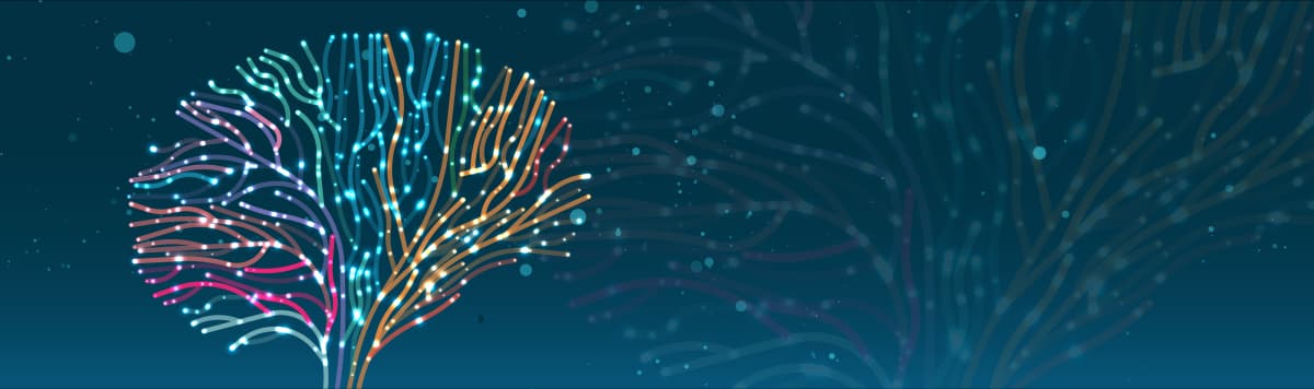 Colorful fiber optic tree illustration with glowing multicolor branches on dark teal tech-themed background