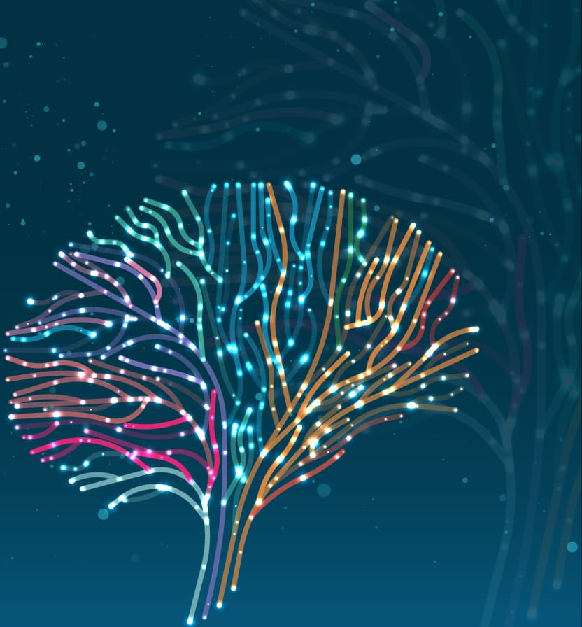 Colorful fiber optic tree illustration with glowing multicolor branches on dark teal tech-themed background