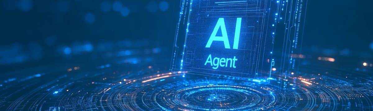 Digital AI agent interface glowing in blue with futuristic circuits and data patterns