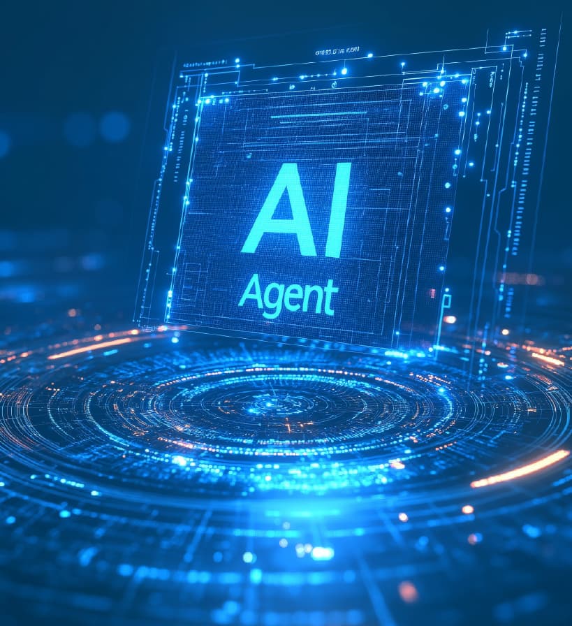 Digital AI agent interface glowing in blue with futuristic circuits and data patterns