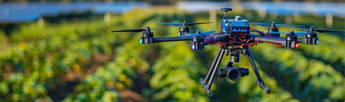 Drone hovering over agricultural crops, showcasing the future of farming with digital innovations
