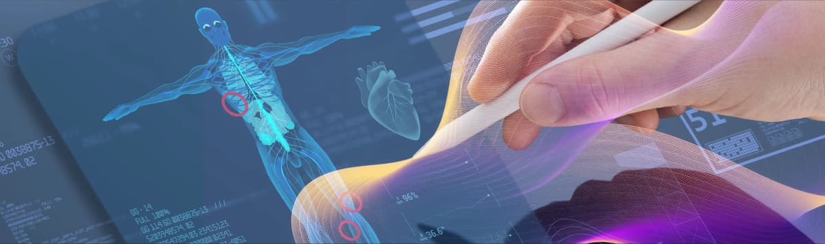Digital medical innovation showing human anatomy and AI analysis through interactive 3D holographic interface.