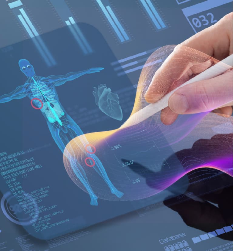 Digital medical innovation showing human anatomy and AI analysis through interactive 3D holographic interface.