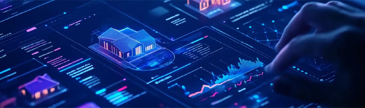 3D smart home hologram with data analytics charts and graphs on futuristic blue digital interface dashboard