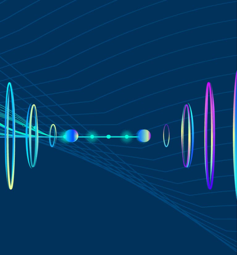 Blue digital tunnel with binary code and motion blur lights representing high-speed data transfer and technology