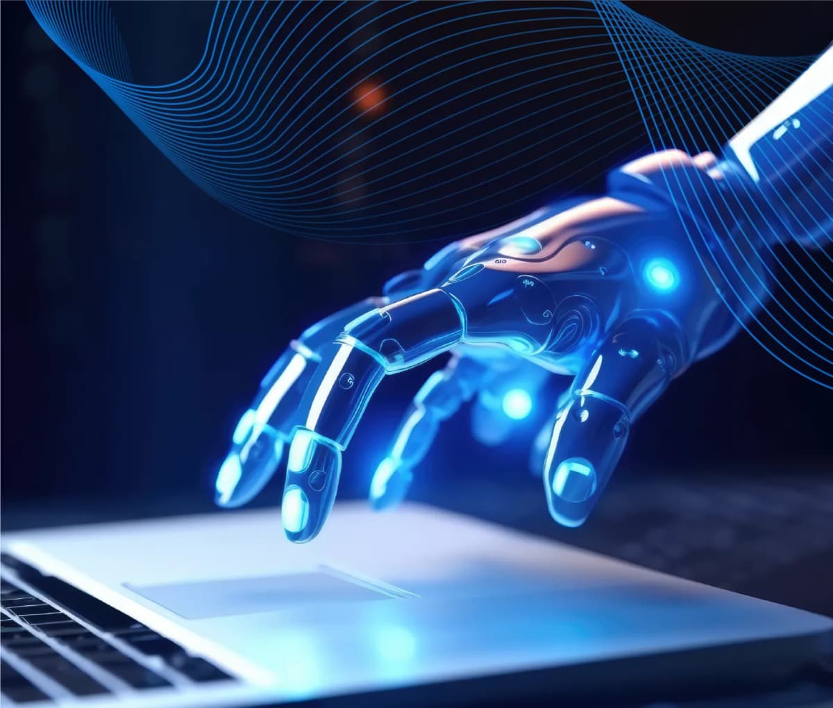 Futuristic robotic hand on a laptop representing AI’s role in revolutionizing ERP systems through Agentforce innovation.