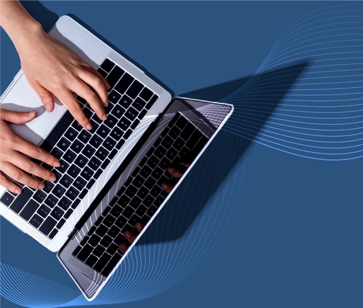 Discover SAP SuccessFactors' role in remote work management, shown with hands on a laptop against a sleek blue backdrop.