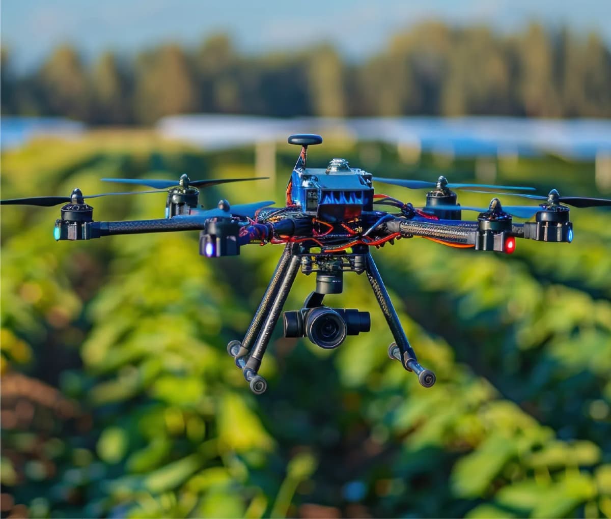 Drone hovering over agricultural crops, showcasing the future of farming with digital innovations