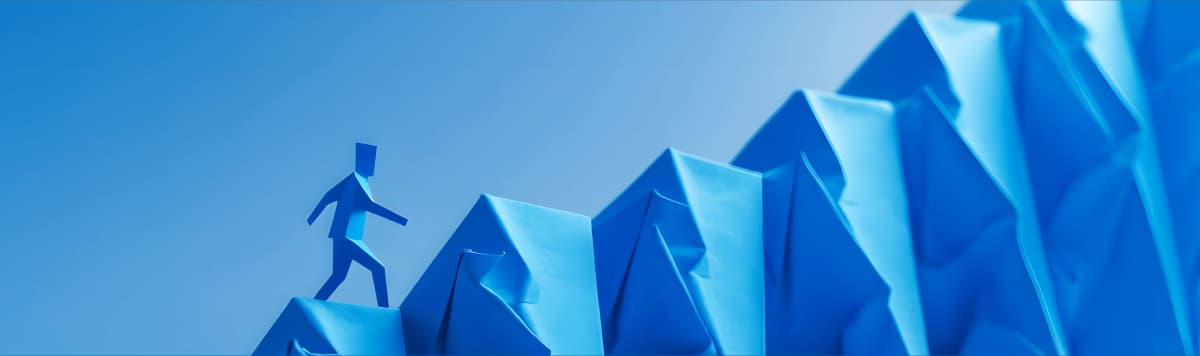 Abstract blue figure climbing geometric steps symbolizing business growth and strategic progress