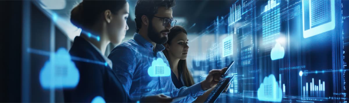 Team analyzing cloud data and digital dashboards to drive enterprise insights and decision making