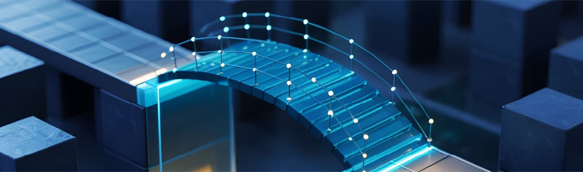 Glowing blue digital bridge with network nodes connecting devices representing cloud connectivity and data integration