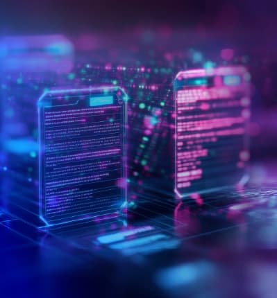 A futuristic digital interface showing data panels and a virtual hand touching a glowing point on a tech surface