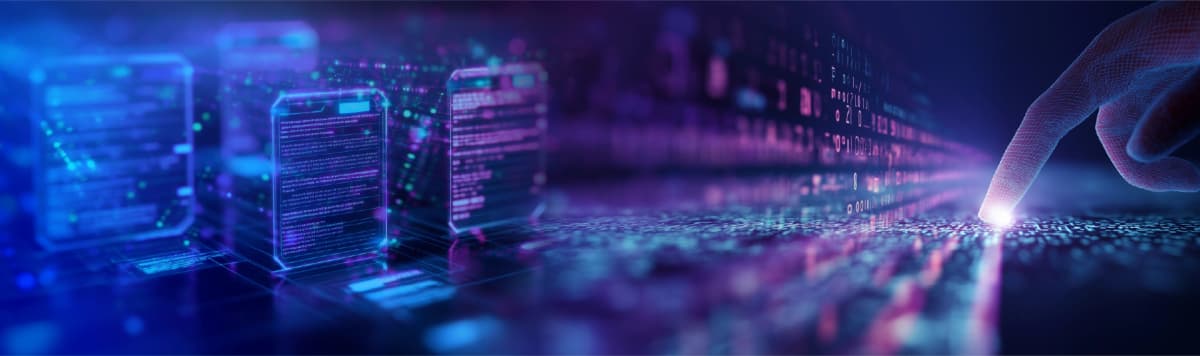 A futuristic digital interface showing data panels and a virtual hand touching a glowing point on a tech surface