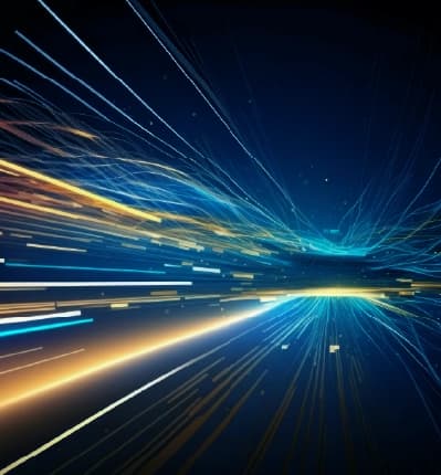 Colorful digital lines and light trails forming a fast-moving futuristic data stream.