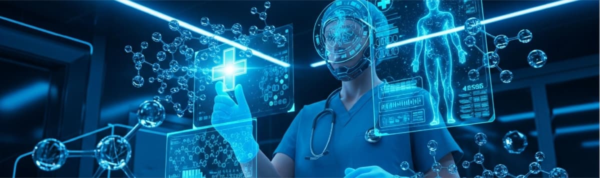 Doctor interacting with holographic medical data and 3D health visuals in a futuristic digital lab