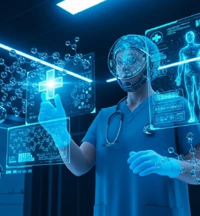 Doctor interacting with holographic medical data and 3D health visuals in a futuristic digital lab