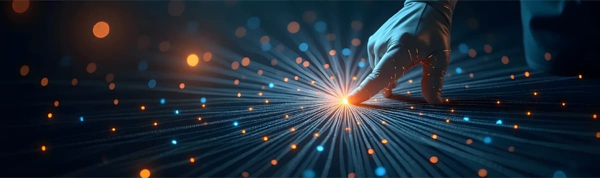 Business hand touching glowing digital network with radiating light beams and data particles on dark background