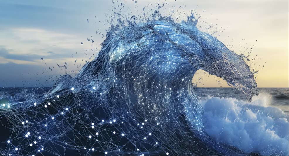Large ocean wave blended with glowing digital network lines symbolizing data and technology.