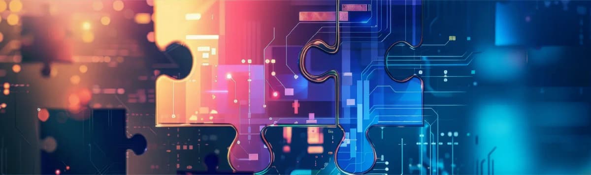 Abstract puzzle pieces connected with digital circuit lines symbolizing technology integration and data connection