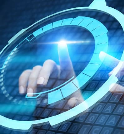 Person interacting with digital touchscreen interface displaying AI and futuristic technology elements