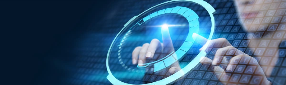 Person interacting with digital touchscreen interface displaying AI and futuristic technology elements