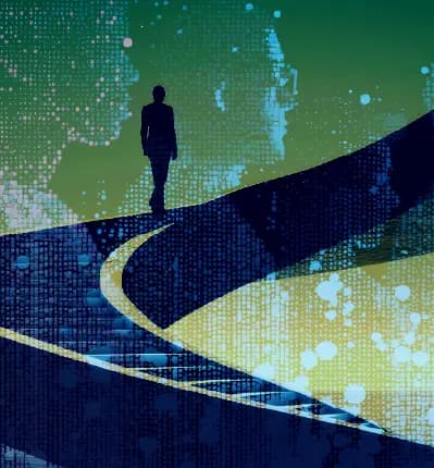 Abstract image of a person walking on a digital path surrounded by silhouettes made of data points