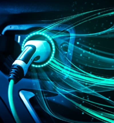 Electric vehicle charging port with glowing energy streams representing power and clean technology