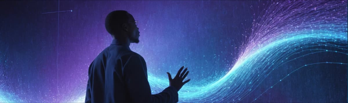 Man interacting with glowing AI data visualization wave representing digital transformation and machine learning.