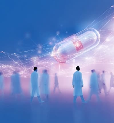 People walking in a digital network landscape with a futuristic smart capsule floating above.