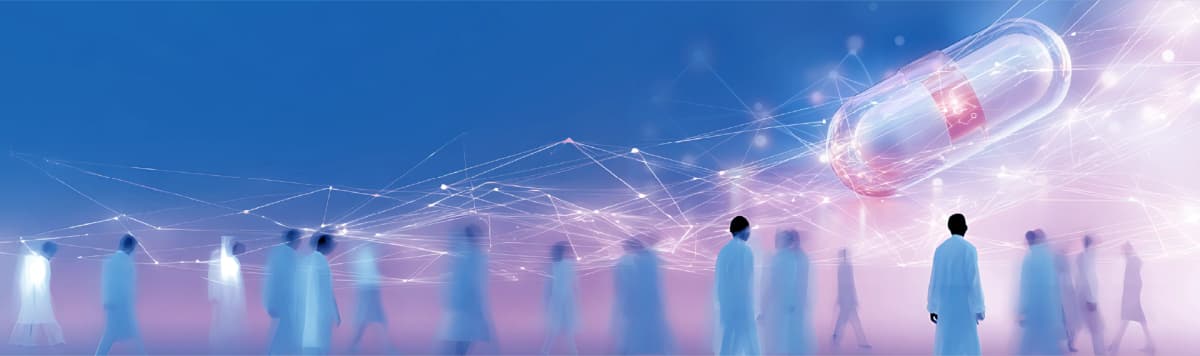 People walking in a digital network landscape with a futuristic smart capsule floating above.