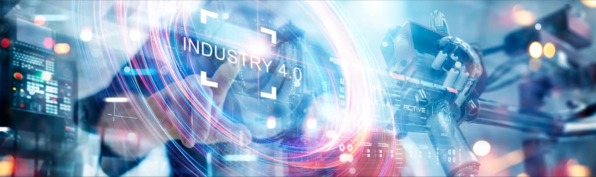 Advanced Industry 4.0 automation with robotic arm, digital data overlay, and futuristic manufacturing interface