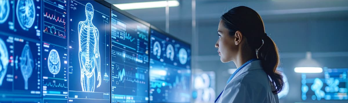 Doctor analyzing patient diagnostics on multiple screens displaying brain scans, skeletal images, and real-time vital signs