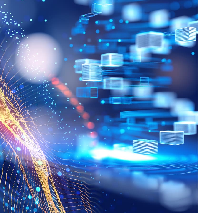 Futuristic blue digital data blocks and orange particle waves illustrating healthcare data connectivity.