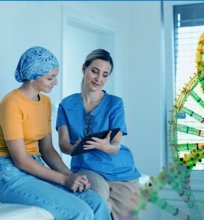 Nurse showing medical information to a patient with a headscarf beside a digital DNA graphic.