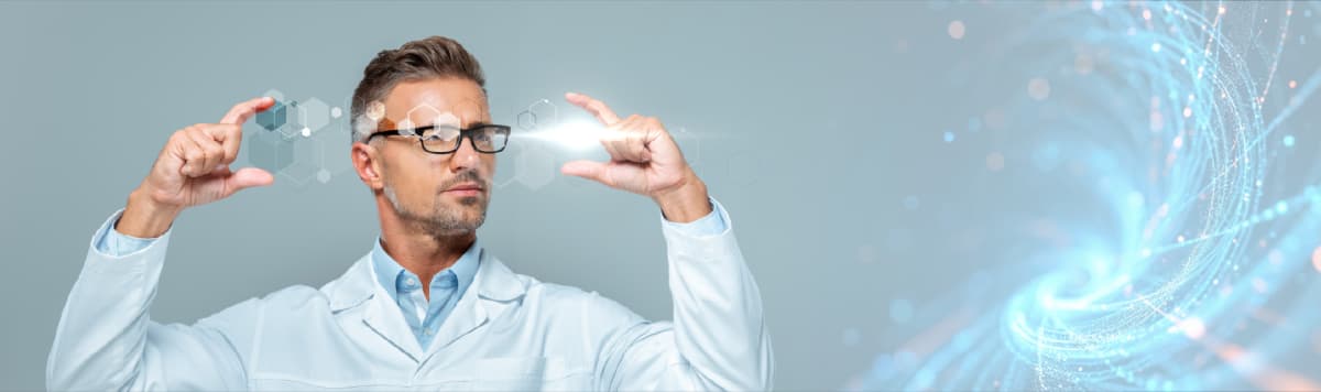 Patient viewing digital health data on a tablet with icons for diagnosis, treatment, and long-term care