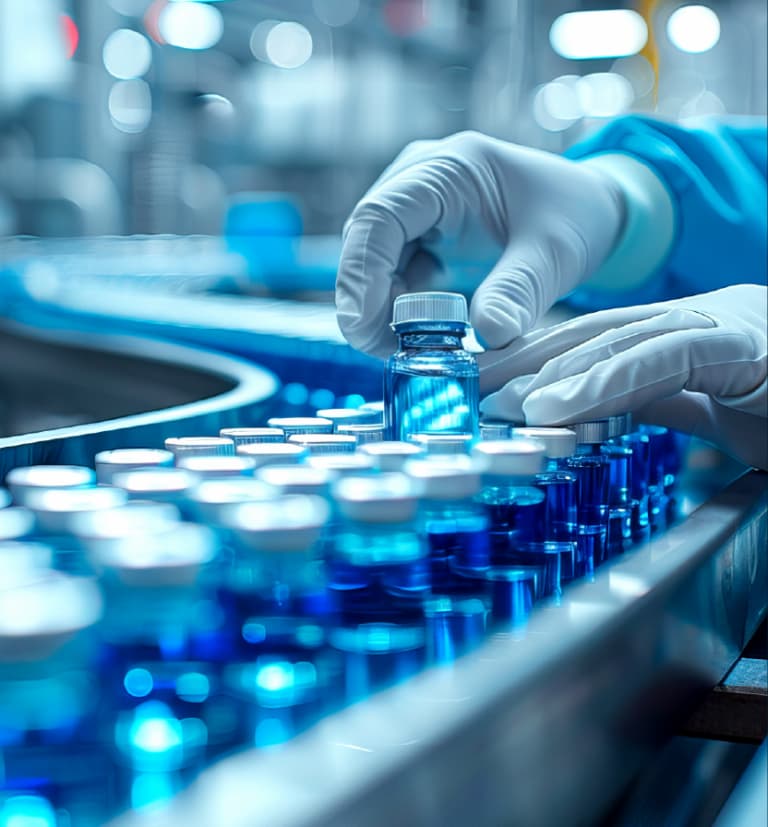 Pharmaceutical quality control technician inspecting medicine bottles on automated production line
