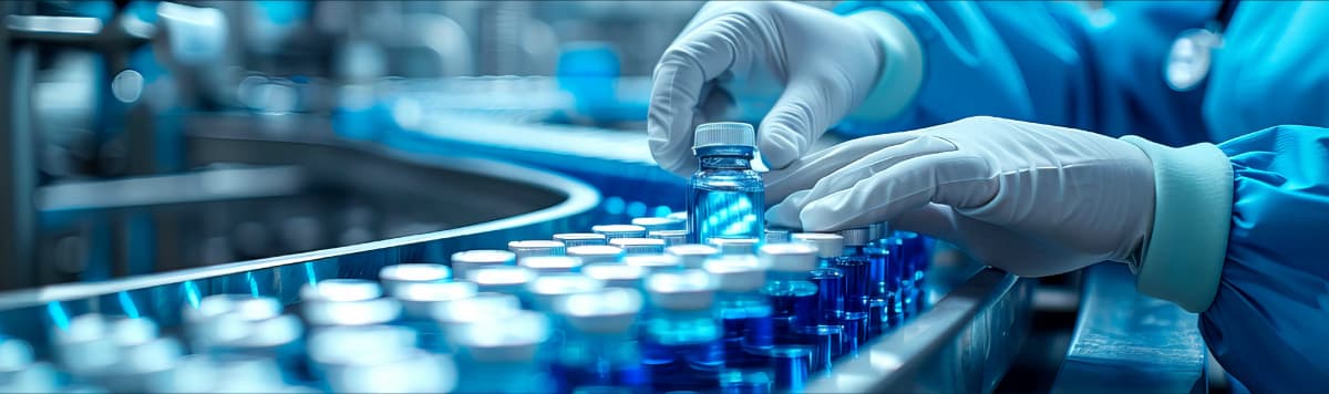 Pharmaceutical quality control technician inspecting medicine bottles on automated production line