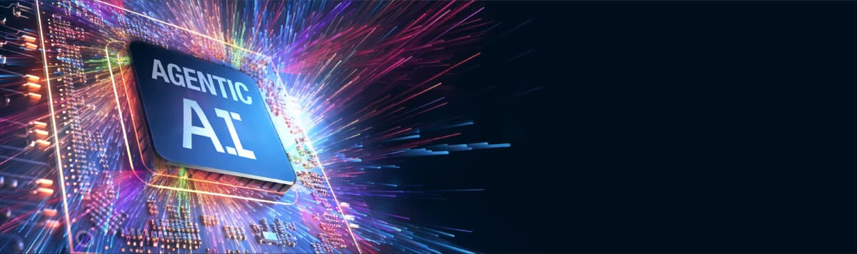 Agentic AI microchip with colorful light beams and data streams representing artificial intelligence computing power