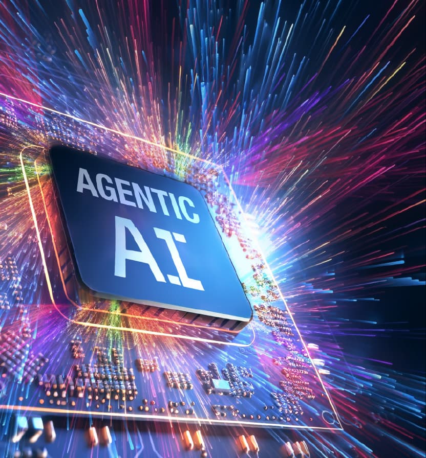Agentic AI microchip with colorful light beams and data streams representing artificial intelligence computing power