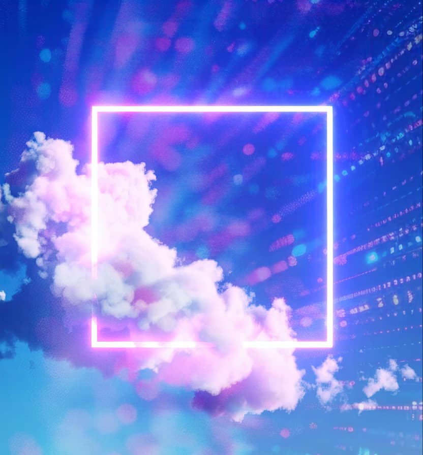 Glowing neon frame with white clouds and digital particles representing cloud computing and data transformation