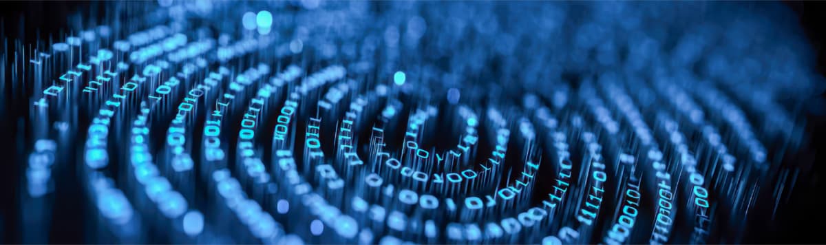 Digital data streams and binary code representing cloud analytics and enterprise data fabric