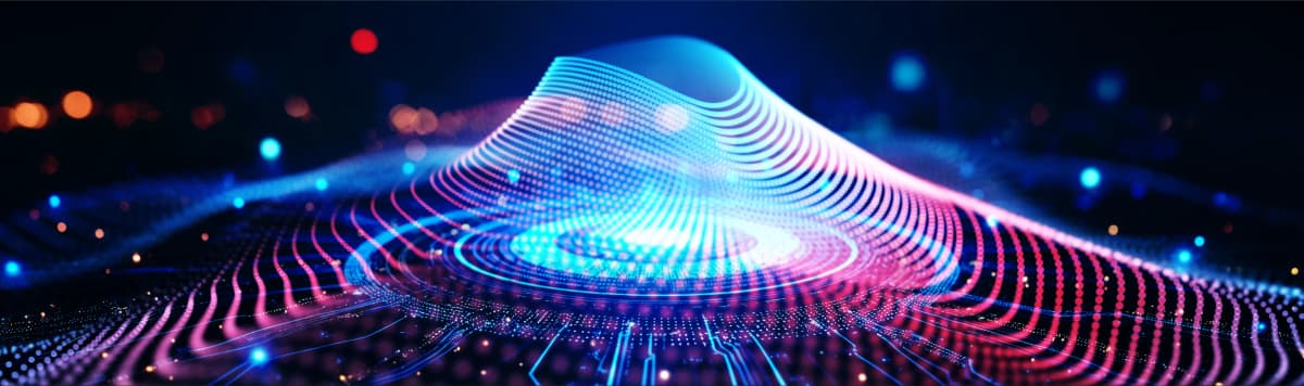 Abstract digital mountain formed by flowing blue pink and purple light waves with particle dots on dark background