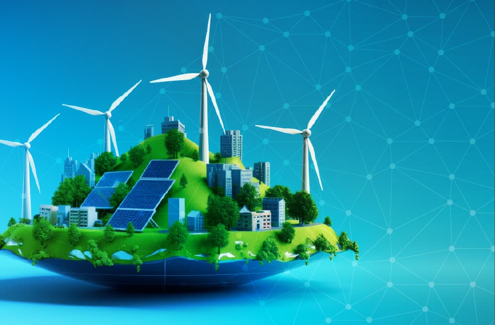 Floating green sustainable city with wind turbines, solar panels, and urban buildings representing renewable energy future