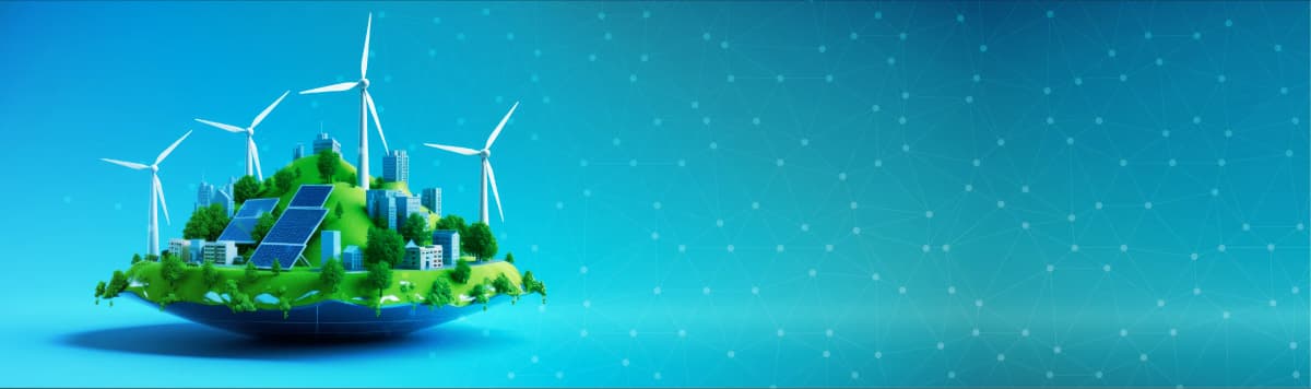 Floating green sustainable city with wind turbines, solar panels, and urban buildings representing renewable energy future