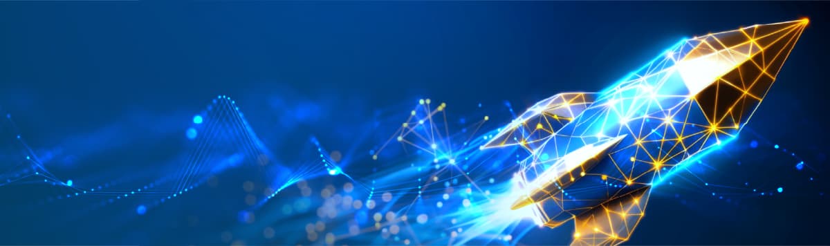 Two people shaking hands with glowing digital lines symbolizing partnership and collaboration.