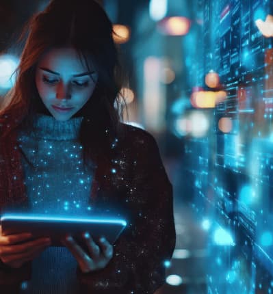 Woman using glowing tablet at night with futuristic digital data overlay and bokeh lights representing connected technology