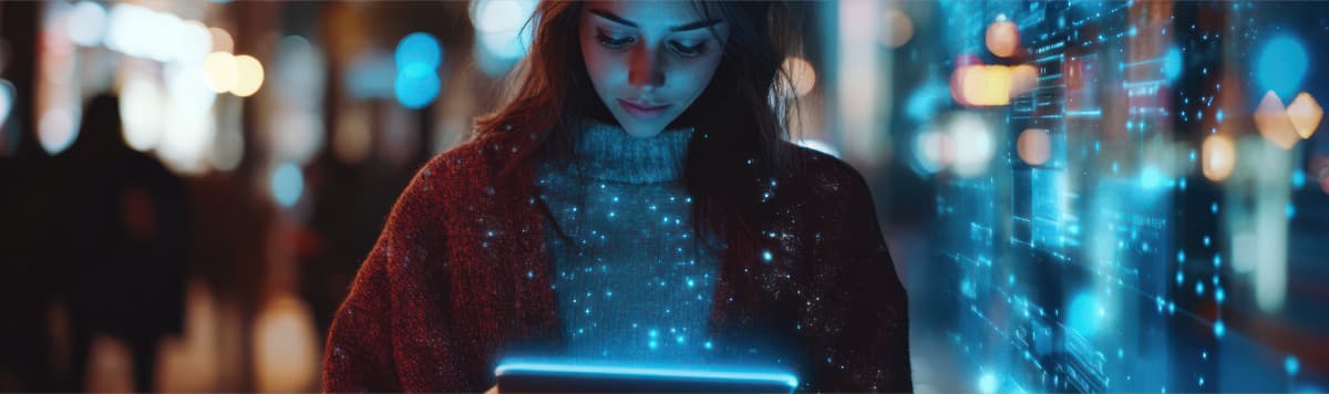 Woman using glowing tablet at night with futuristic digital data overlay and bokeh lights representing connected technology