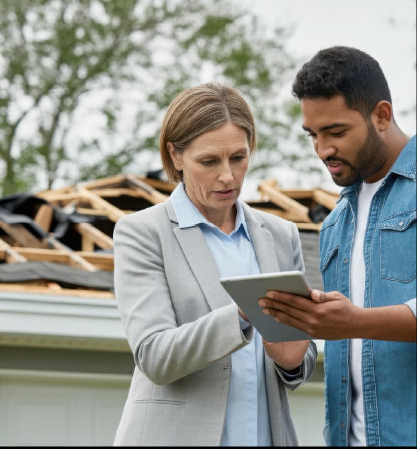Insurance adjuster and homeowner reviewing claim details on tablet in front of storm damaged roof requiring repair assessment