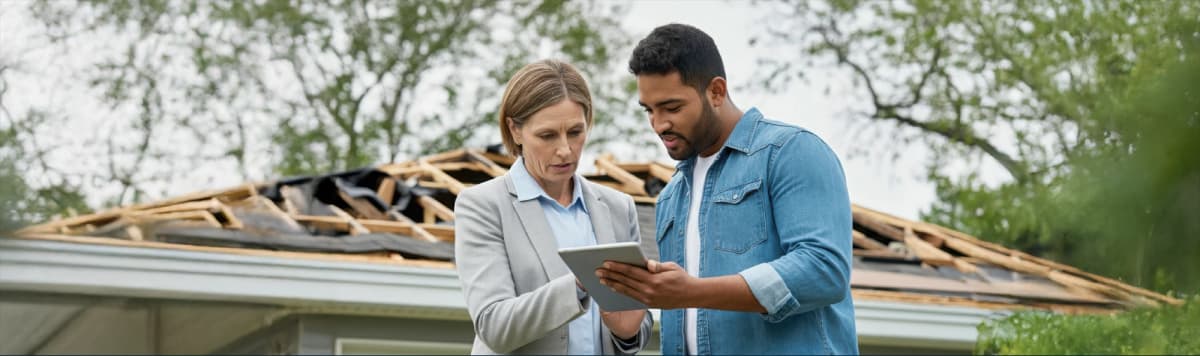 Insurance adjuster and homeowner reviewing claim details on tablet in front of storm damaged roof requiring repair assessment